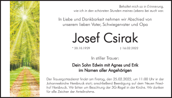 Traueranzeige von Josef Csirak von Hersbrucker Zeitung