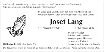 Traueranzeige von Josef Lang von Pegnitz-Zeitung