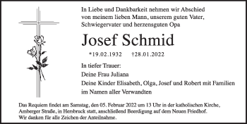 Traueranzeige von Josef Schmid von Hersbrucker Zeitung