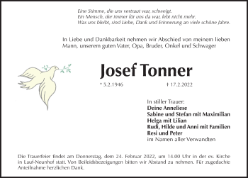 Traueranzeige von Josef Tonner von Pegnitz-Zeitung