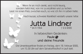 Traueranzeige von Jutta Lindner von Pegnitz-Zeitung