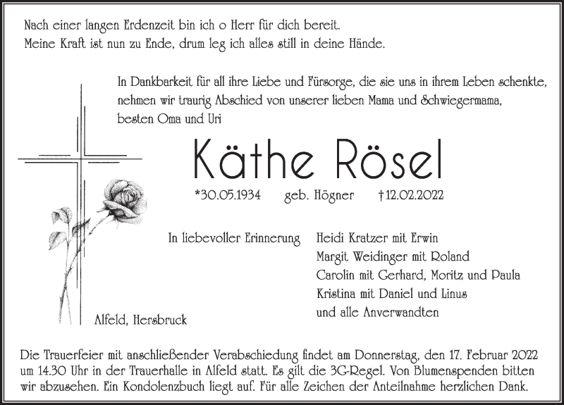  Traueranzeige für Käthe Rösel vom 15.02.2022 aus Hersbrucker Zeitung