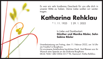 Traueranzeige von Katharina Rehklau von Der Bote