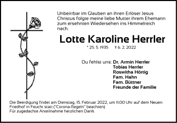Traueranzeige von Lotte Karoline Herrler von Der Bote