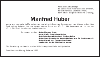 Traueranzeige von Manfred Huber von Der Bote
