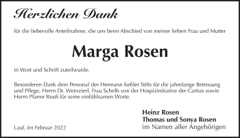 Traueranzeige von Marga Rosen von Pegnitz-Zeitung