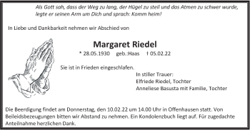 Traueranzeige von Margaret Riedel von Hersbrucker Zeitung