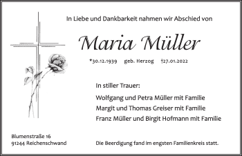 Traueranzeige von Maria Müller von Hersbrucker Zeitung