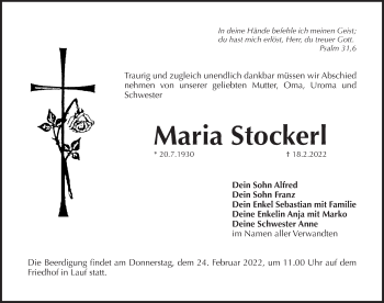Traueranzeige von Maria Stockerl von Pegnitz-Zeitung
