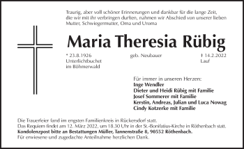 Traueranzeige von Maria Theresia Rübig von Pegnitz-Zeitung