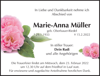 Traueranzeige von Marie-Anna Müller von Pegnitz-Zeitung