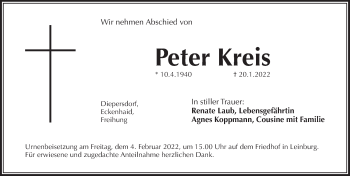 Traueranzeige von Peter Kreis von Pegnitz-Zeitung
