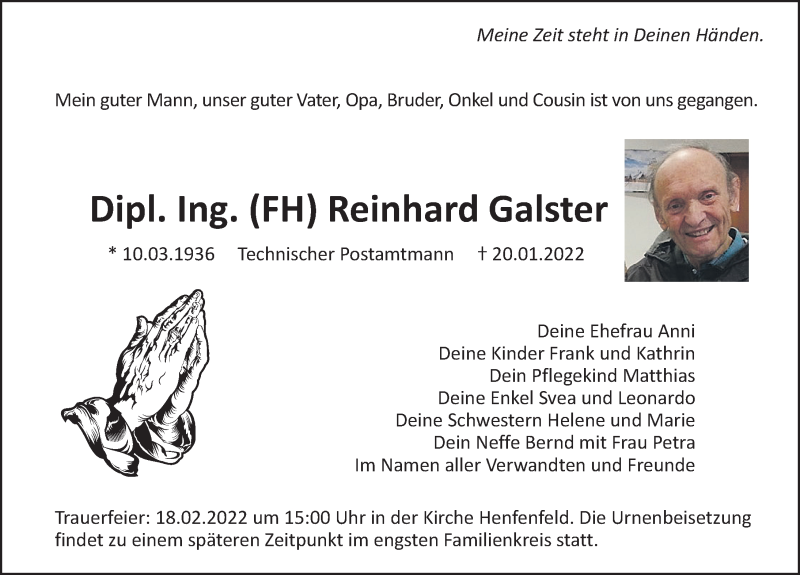  Traueranzeige für Reinhard Galster vom 14.02.2022 aus Hersbrucker Zeitung