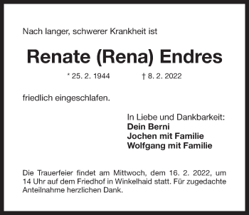 Traueranzeige von Renate Endres von Der Bote