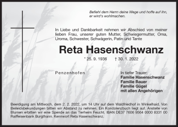 Traueranzeige von Reta Hasenschwanz von Der Bote