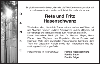 Traueranzeige von Reta und Fritz Hasenschwanz von Der Bote
