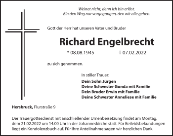 Traueranzeige von Richard Engelbrecht von Hersbrucker Zeitung
