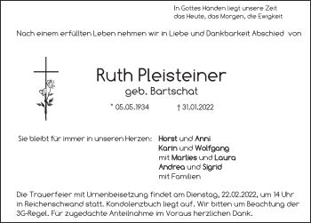 Traueranzeige von Ruth Pleisteiner von Hersbrucker Zeitung