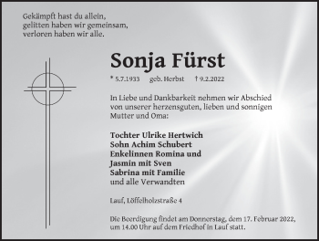 Traueranzeige von Sonja Fürst von Pegnitz-Zeitung