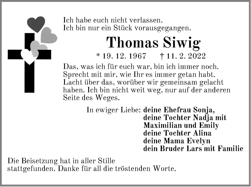  Traueranzeige für Thomas Siwig vom 26.02.2022 aus Der Bote