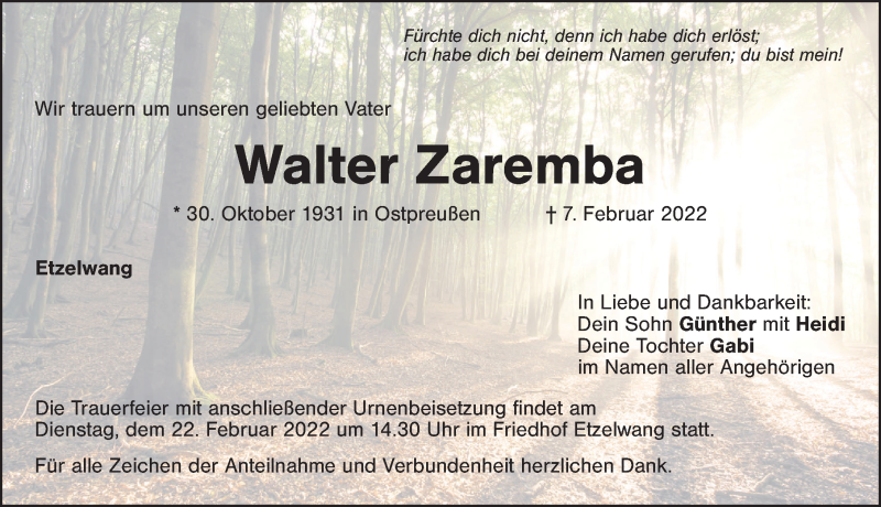  Traueranzeige für Walter Zaremba vom 18.02.2022 aus Hersbrucker Zeitung