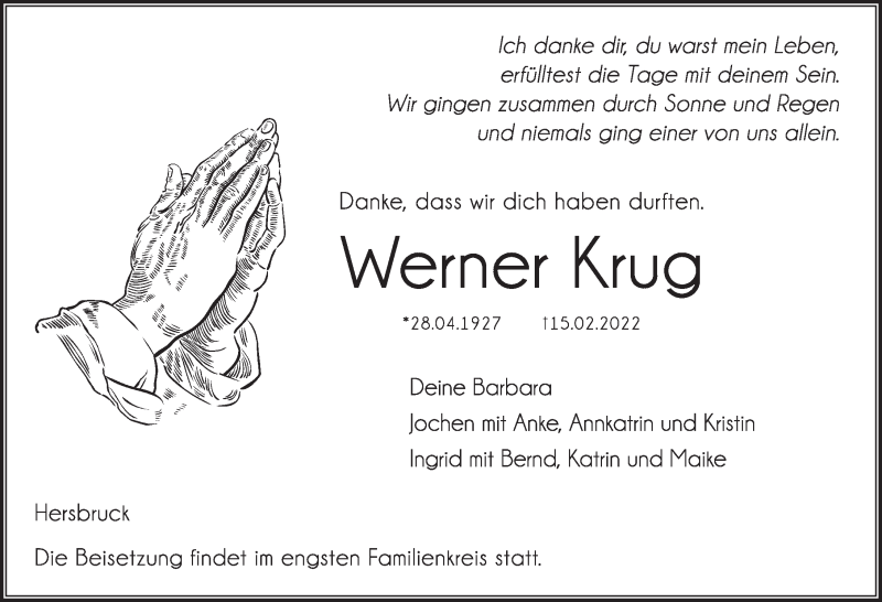  Traueranzeige für Werner Krug vom 19.02.2022 aus Hersbrucker Zeitung