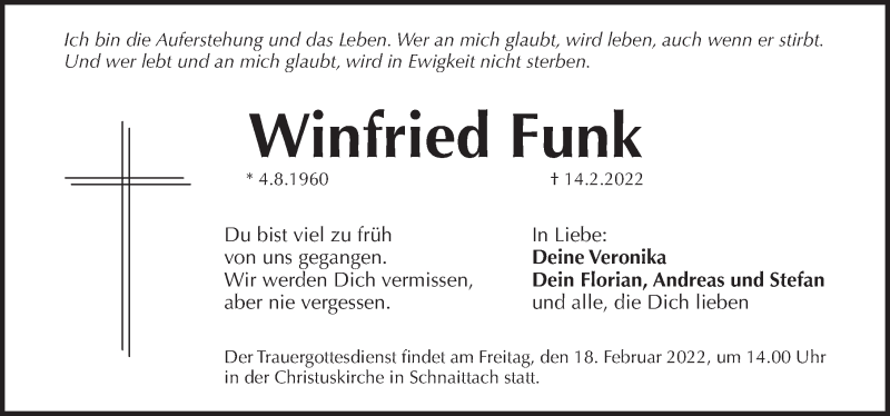  Traueranzeige für Winfried Funk vom 16.02.2022 aus Pegnitz-Zeitung