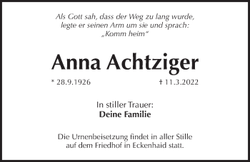 Traueranzeige von Anna Achtziger von Pegnitz-Zeitung