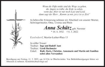 Traueranzeige von Anna Schütz von Der Bote