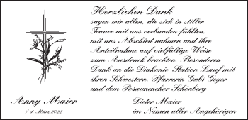 Traueranzeige von Anny Maier von Pegnitz-Zeitung