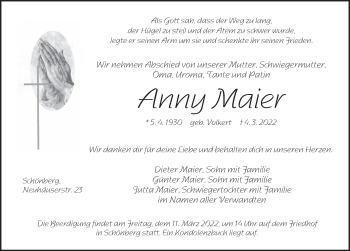 Traueranzeige von Anny Maier von Pegnitz-Zeitung