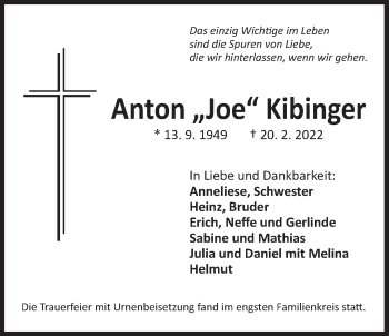 Traueranzeige von Anton Kibinger von Der Bote