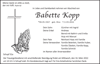 Traueranzeige von Babette Kopp von Hersbrucker Zeitung