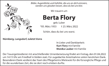 Traueranzeige von Berta Flory von Hersbrucker Zeitung