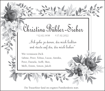 Traueranzeige von Christina Bühler-Sieber von Hersbrucker Zeitung