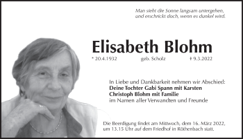 Traueranzeige von Elisabeth Blohm von Pegnitz-Zeitung