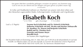 Traueranzeige von Elisabeth Koch von Pegnitz-Zeitung