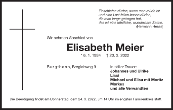 Traueranzeige von Elisabeth Meier von N-Land