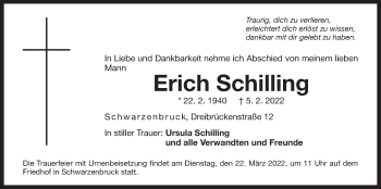 Traueranzeige von Erich Schilling von Der Bote