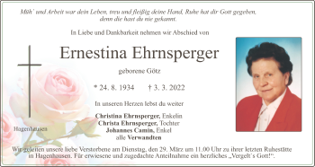 Traueranzeige von Ernestina Ehrnsperger von Der Bote