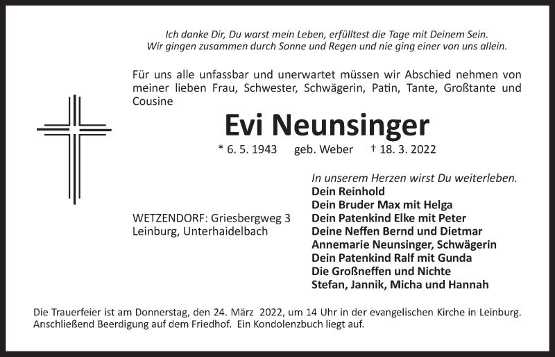  Traueranzeige für Evi Neunsinger vom 22.03.2022 aus Der Bote