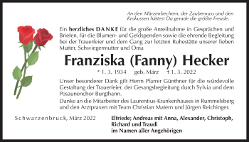Traueranzeige von Franziska Hecker von Der Bote