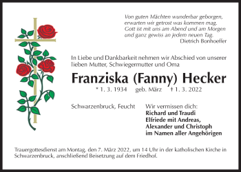Traueranzeige von Franziska Hecker von Der Bote