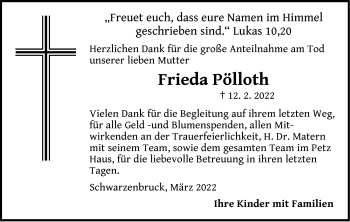 Traueranzeige von Frieda Pölloth von Der Bote