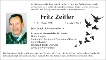 Traueranzeige von Fritz Zeitler von Pegnitz-Zeitung