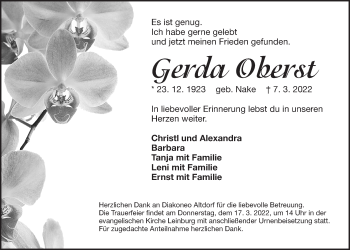 Traueranzeige von Gerda Oberst von Der Bote