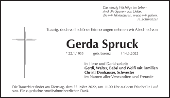 Traueranzeige von Gerda Spruck von Pegnitz-Zeitung