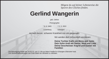 Traueranzeige von Gerlind Wangerin von Pegnitz-Zeitung