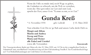Traueranzeige von Gunda Kreß von Pegnitz-Zeitung