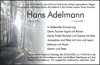 Traueranzeige von Hans Adelmann von Hersbrucker Zeitung